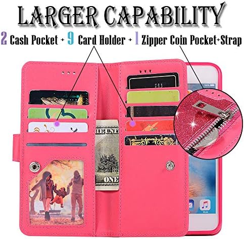 iPhone 6s Plus novčanik slučaj sa trakom za žene, Auker Bling Glitter koža Trifold 9 kartica držač Flip Magnetic novčanik torbica