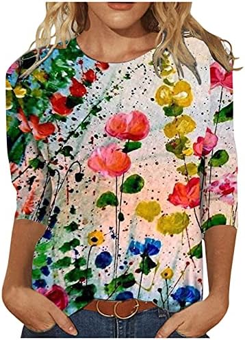 Ljetne ženske 3/4 rukave majice labave bluze sa cvjetnim printom Casual Trendy Izlazak napolje vrhovi Crewneck pulover