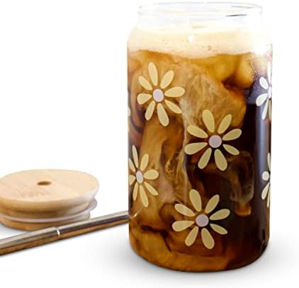 Gvožđe & amp; kremena žuta tratinčica ledena čaša za kafu sa bambusovim poklopcem i slamkom / 16oz staklo za limenke piva sa poklopcima