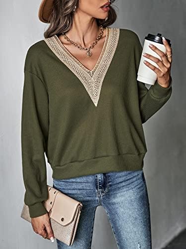 Duks Ženska ležerna kontrastna čipka V izrez dugih rukava Drop na ramenu majica s pulover s pulover s čvrstim mekim