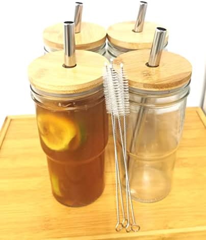 Gugou Glass Tumbler šolje sa bambusovim poklopcima i Slamkama, 22oz ledene šolje za kafu-višekratne Mason Jar naočare za piće za čaj
