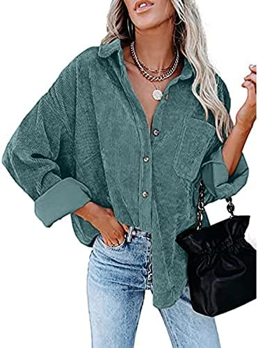 Ženska corduroy gumb dolje s dugim rukavima s dugim rukavima dolje majica jakna casual prevelizirani bluze vrhovi sa džepovima