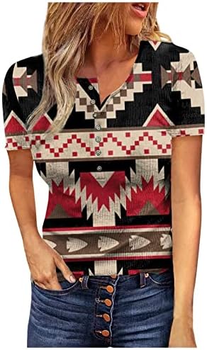 Kratke rukave za žene Zapadni Aztec Print majice dugme V izrez majice Vintage etničke ljetne majice bluza Top