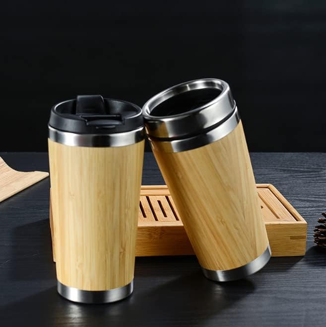 Kupa za kafu bambusove sa termički izolacijskim dvostrukim zidom i poklopcem propuštanja | Prirodni bambus | Nehrđajući čelik | 420ml / 14oz kapacitet