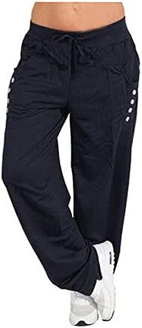 Zlovhe Široke pantalone za noge za žene, teretne hlače Baggy pamučne pantalone za pamučne pahulje Pocket casual nacrtajući elastični struk pravne hlače