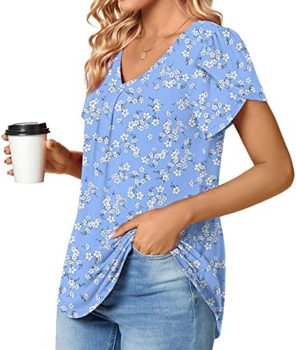 Ženska boho majica s kratkim rukavima V vrat pamuk cvjetni grafički labav fit opušteni fit lounge top majica za djevojke eh