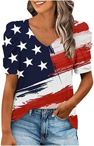 Patriotske košulje za žene Dan nezavisnosti vrhovi puff kratkih rukava V izrez TEE bluze casual američke zastave majice