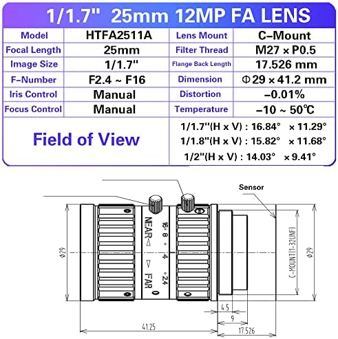 12MP 25mm 1/1. 7 fiksno fokusirano sočivo f/2.4 c mašinski vid visoke rezolucije Industrijska Kamera ručni LRIS objektivi