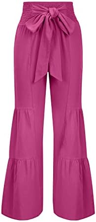 Ozmmyan široke pantalone za noge za žene casual visoki struk elastični struk kaiš za crtanje čvrstog kolor rufffle duge hlače plus