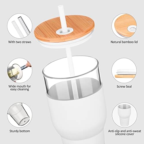 Kytffu 32oz staklena posuda sa slamkom i poklopcem, Boba Smoothie šolja za višekratnu upotrebu ledena čaša za kafu sa silikonskim rukavom, odgovara držaču za čaše staklena boca za vodu bez BPA, maslina + Bijela