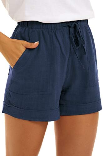 Zlatnipkf Ženske crteže Ležerne ljetne elastične strugove Shorts Pamučna posteljina s džepovima
