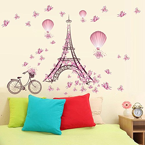 Wallpark romantični ružičasti leptir Pariz Eiffelov toranj cvijet balon sa toplim zrakom uklonjiva zidna naljepnica, djeca Djeca baby
