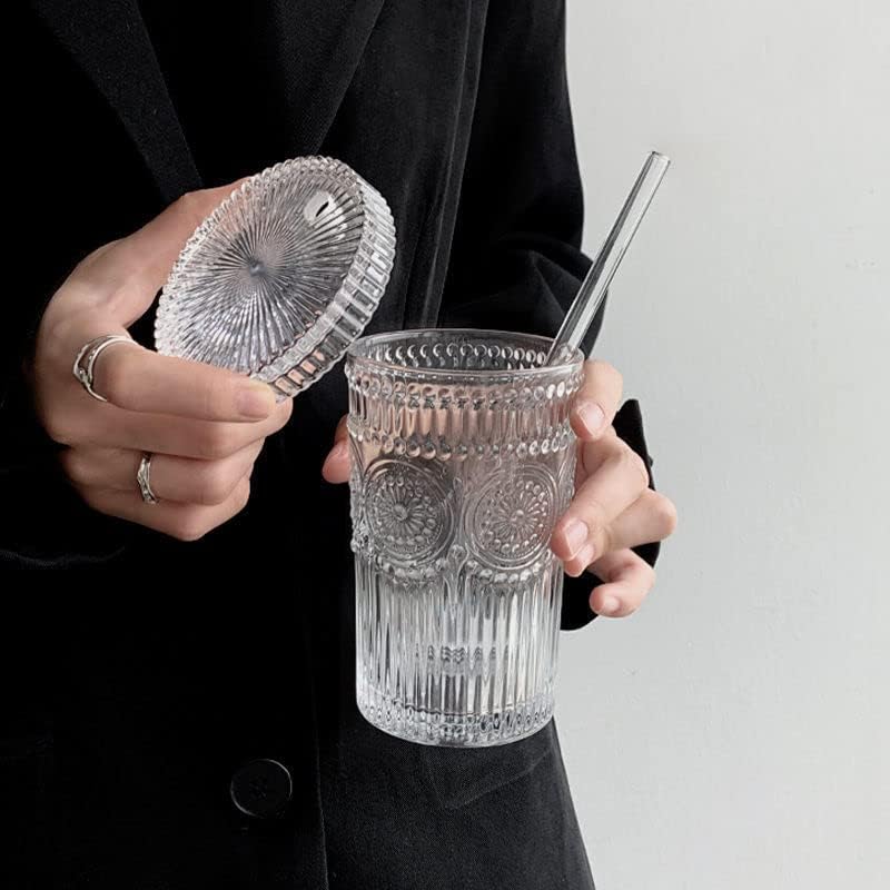 Lioong Crystal Vintage Art Glass Cup sok boce Set 2, Mason Jar sa usne i slame, širok usta vode za piće šalice za sok mlijeko kafa
